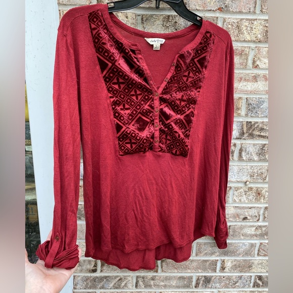 Red/Burgundy Velvet Lucky Brand Long Sleeve Blouse - Picture 6 of 12